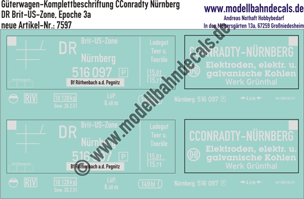 Güterwagen-Komplettbeschriftung Kesselwagen für 149 hl Teer und Teeröle, C. Conradty/DR Brit-US-Zone, Epoche 3a, Artikel-Nr. 7597