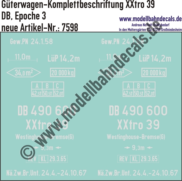 Nass-Schiebebilder: Güterwagen-Komplettbeschriftung XXtro 39 - DB Epoche 3. Artikel-Nummer: 7598