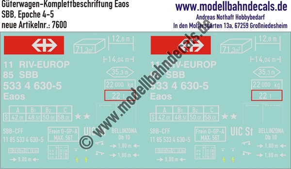 Nass-Schiebebilder: Güterwagen-Komplettbeschriftung Eaos - SBB Epoche 4. Artikel-Nummer: 7600