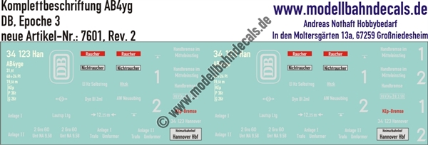 "Nass-Schiebebilder: Personenwagen-Komplettbeschriftung AB4yge, DB, Epoche 3. Artikel-Nummer: 7601"