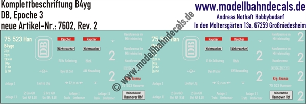 "Nass-Schiebebilder: Personenwagen-Komplettbeschriftung B4yge, DB, Epoche 3. Artikel-Nummer: 7602"