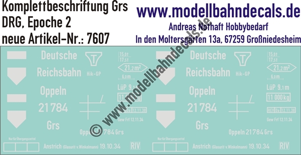"Nass-Schiebebilder: Güterwagen-Komplettbeschriftung Grs Oppeln, DRG, Epoche 2. Artikel-Nummer: 7607"