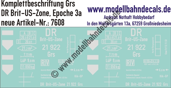 "Nass-Schiebebilder: Güterwagen-Komplettbeschriftung Grs, DR Brit-US-Zone, Epoche 3a. Artikel-Nummer: 7608"