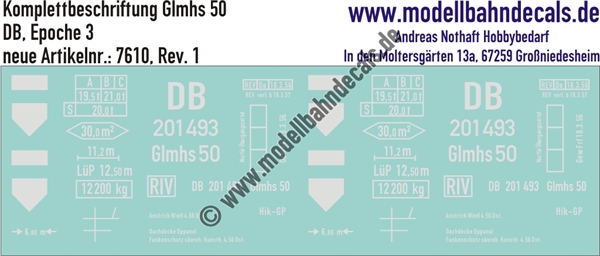 Nass-Schiebebilder: Güterwagen-Komplettbeschriftung Glmhs 50 - DB Epoche 3. Artikel-Nummer: 7610