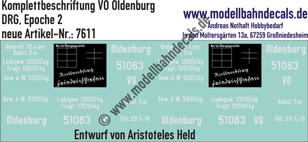 "Nass-Schiebebilder: Güterwagen-Komplettbeschriftung VO Oldenburg, DRG, Epoche 2. Artikel-Nummer: 7611"
