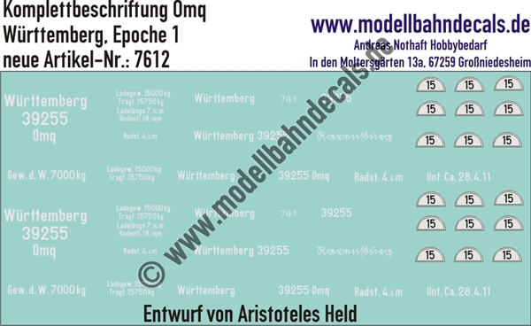 "Nass-Schiebebilder: Güterwagen-Komplettbeschriftung Omq, Württemberg, Epoche 1. Artikel-Nummer: 7612"