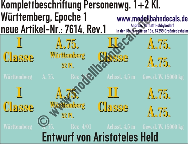 "Nass-Schiebebilder: Personenwagen-Komplettbeschriftung 1. und 2. Klasse, Württemberg, Epoche 1. Artikel-Nummer: 7614"
