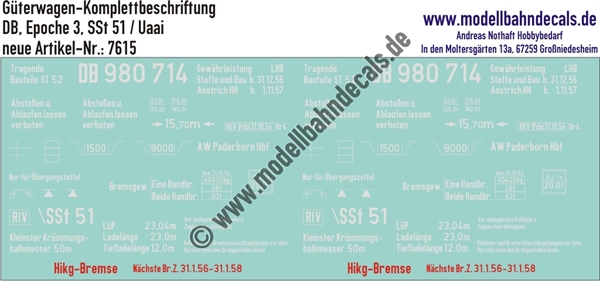Nass-Schiebebilder: Güterwagen-Komplettbeschriftung SSt 51/Uaai - DB Epoche 3. Artikel-Nummer: 7615