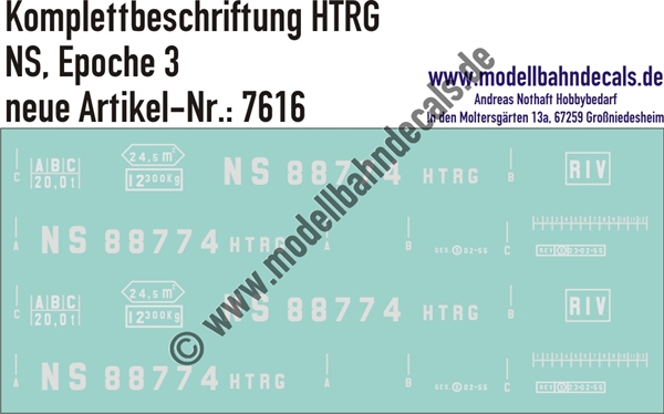 "Nass-Schiebebilder: Güterwagen-Komplettbeschriftung HTRG, NS, Epoche 3. Artikel-Nummer: 7616"