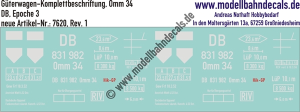 Nass-Schiebebilder: Güterwagen-Komplettbeschriftung Omm 34 - DB Epoche 3. Artikel-Nummer: 7620