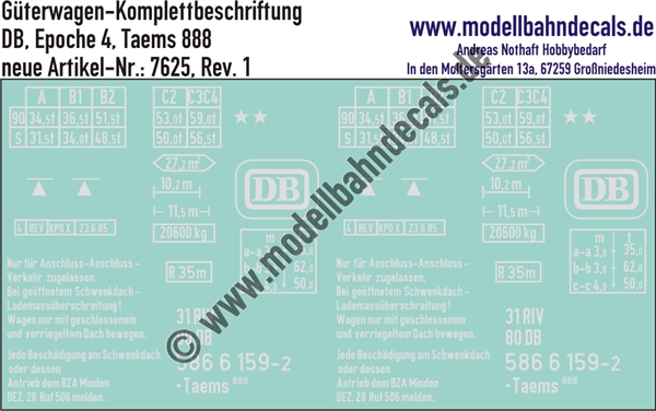 Nass-Schiebebilder: Güterwagen-Komplettbeschriftung Taems 888 - DB Epoche 4. Artikel-Nummer: 7625