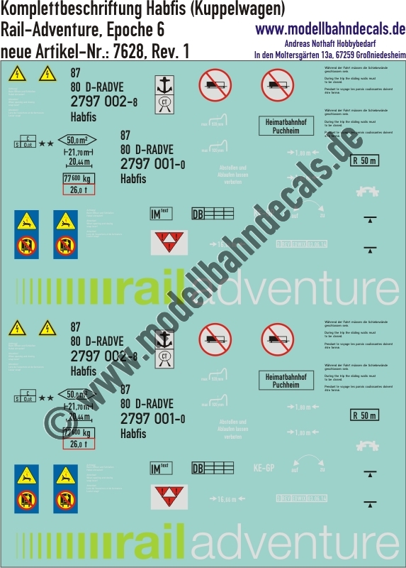 "Nass-Schiebebilder: Güterwagen-Komplettbeschriftung Habfis (Kuppelwagen), Rail-Adventure, Epoche 6. Artikel-Nummer: 7628"
