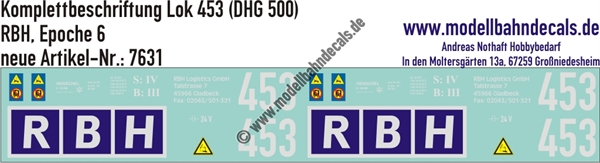 "Nass-Schiebebilder: Lok-Komplettbeschriftung 453 (DHG 500), RBH, Epoche 6. Artikel-Nummer: 7631"