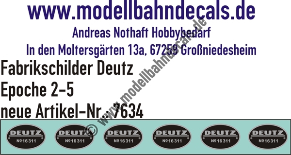 "Nass-Schiebebilder: 6 Stück Fabrikschilder Deutz (No. 16311), Silber/Schwarz, Epochen 2-5, Individualisierung möglich. Artikel-Nummer: 7634"