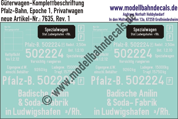 "Nass-Schiebebilder: Güterwagen-Komplettbeschriftung Privatwagen, Spezialwagen, Badische Anilin- und Soda-Fabrik Ludwigshafen - Pfalz-Bahn, Epoche 1. Artikel-Nummer: 7635"
