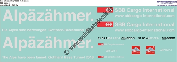 "Nass-Schiebebilder: Lok-Teilbeschriftung 482 022-1, Alpäzähmer der SBB Cargo International, Epoche 6. Artikel-Nummer: 7641"