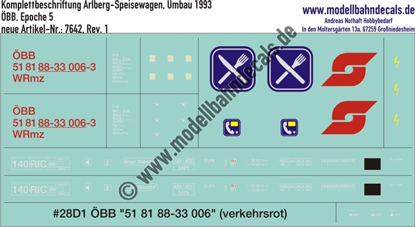 Nass-Schiebebilder: Komplettbeschriftung ÖBB Arlberg-Speisewagen, Umbau 1993. Artikel-Nummer: 7642