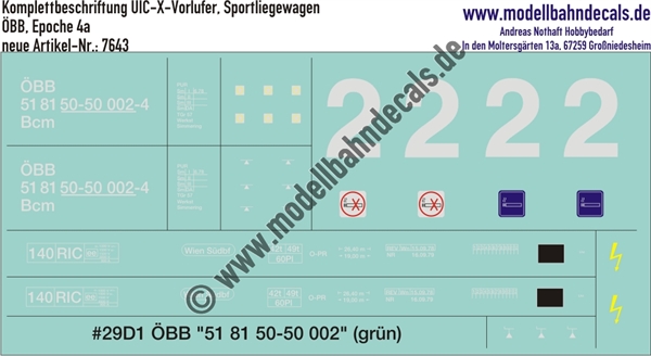Nass-Schiebebilder: Komplettbeschriftung ÖBB UIC-X-Vorläufer, Sportliegewagen, Epoche 4a. Artikel-Nummer: 7643
