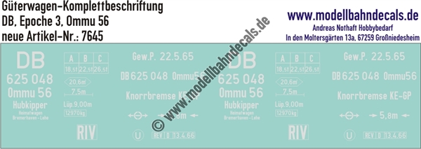 Nass-Schiebebilder: Güterwagen-Komplettbeschriftung Ommu 56 (Hubkipper) - DB Epoche 3. Artikel-Nummer: 7645