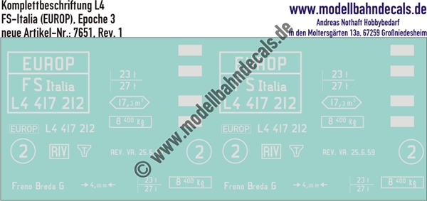 "Nass-Schiebebilder: Güterwagen-Komplettbeschriftung L4, FS Italia (EUROP), Epoche 3. Artikel-Nummer: 7651"