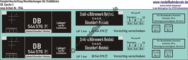 "Nass-Schiebebilder: Güterwagen-Komplettbeschriftung Warmblockwagen (für warme Stahlblöcke), DB, Epoche 3. Artikel-Nummer: 7654"