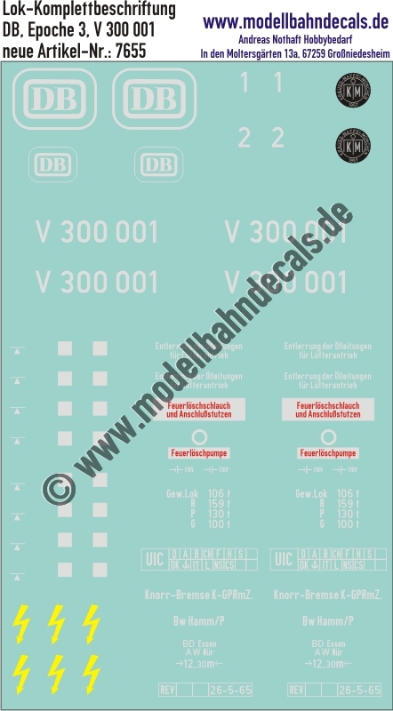 Nass-Schiebebilder: Lok-Komplettbeschriftung V300 001 - DB Epoche 3. Artikel-Nummer: 7655