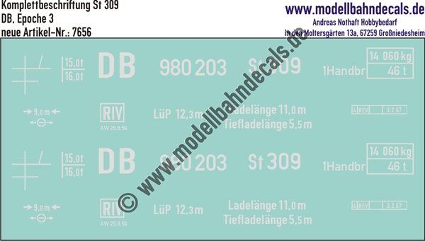 "Nass-Schiebebilder: Güterwagen-Komplettbeschriftung St 309, DB, Epoche 3. Artikel-Nummer: 7656"