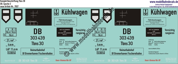 "Nass-Schiebebilder: Güterwagen-Komplettbeschriftung für Fährboot-Kühlwagen Tbns 30, DB, Epoche 3. Artikel-Nummer: 7657"