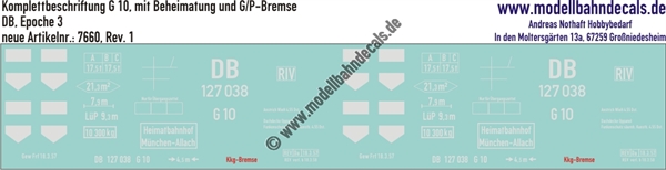 Nass-Schiebebilder: Güterwagen-Komplettbeschriftung G 10 mit GP-Bremse und Beheimatung - DB Epoche 3. Artikel-Nummer: 7660