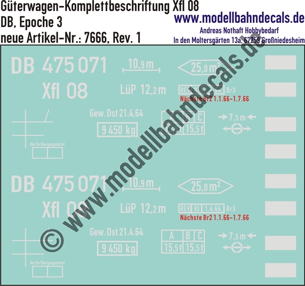 "Nass-Schiebebilder: Güterwagen-Komplettbeschriftung Xfl 08, DB, Epoche 3. Artikel-Nummer: 7666"