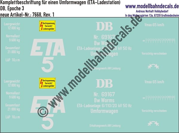 "Nass-Schiebebilder: Komplettbeschriftung für einen Umformwagen (ETA-Ladestation), DB, Epoche 3. Artikel-Nummer: 7668"