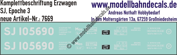 Nass-Schiebebilder: Komplettbeschriftung Mas Erzwagen SJ, Epoche 3. Artikel-Nummer: 7669