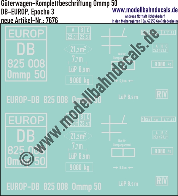 "Nass-Schiebebilder: Güterwagen-Komplettbeschriftung Ommp 50, DB-EUROP, Epoche 3. Artikel-Nummer: 7676"