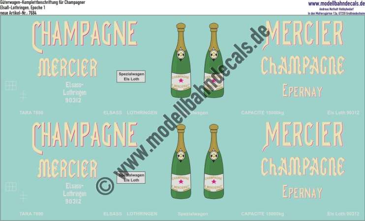 Nass-Schiebebilder: Güterwagen-Komplettbeschriftung Champagner-Spezialwagen, Elsass-Lothingen, Epoche 1. Artikel-Nummer: 7684