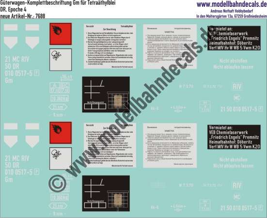 Nass-Schiebebilder: Güterwagen-Komplettbeschriftung Gm für Tetraäthylblei, DR, Epoche 4. Artikel-Nummer: 7688