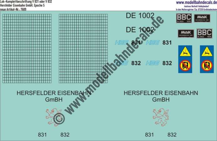 Nass-Schiebebilder: Lok-Komplettbeschriftung V 831 oder V 832 der Hersfelder Eisenbahn, Epoche 5. Artikel-Nummer: 7689