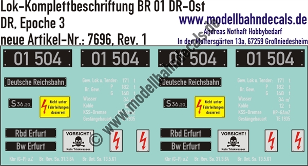 Nass-Schiebebilder: Lok-Komplettbeschriftung BR 01 - DR Epoche 3. Artikel-Nummer: 7696