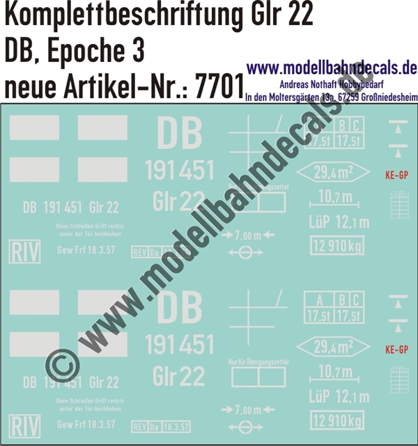"Nass-Schiebebilder: Güterwagen-Komplettbeschriftung für Glr 22, DB, Epoche 3. Artikel-Nummer: 7701"