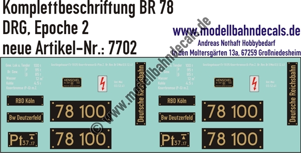Nass-Schiebebilder: Lok-Komplettbeschriftung BR 78 - DRG Epoche 2. Artikel-Nummer: 7702