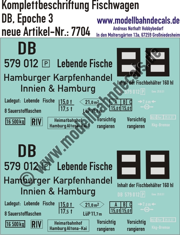 "Nass-Schiebebilder: Güterwagen-Komplettbeschriftung für Fischwagen/Kühlwagen Hamburger Karpfenhandel Innien & Hamburg, DB, Epoche 3. Artikel-Nummer: 7704"