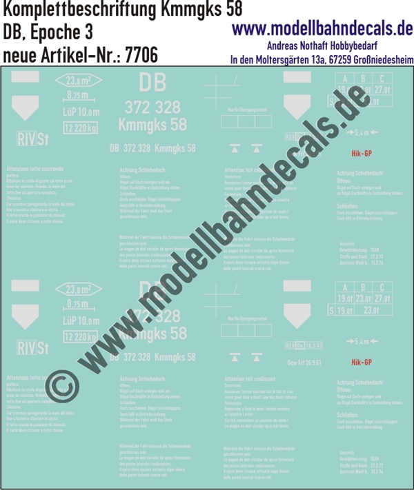 "Nass-Schiebebilder: Güterwagen-Komplettbeschriftung für Kmmgks 58, DB, Epoche 3. Artikel-Nummer: 7706"