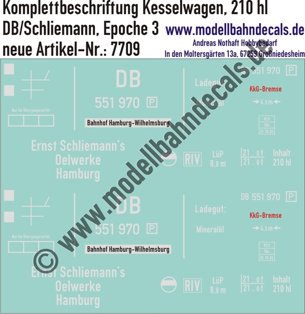"Nass-Schiebebilder: Güterwagen-Komplettbeschriftung Kesselwagen 210 hl Ernst Schliemann's Oelwerke Hamburg, DB, Epoche 3. Artikel-Nummer: 7709"