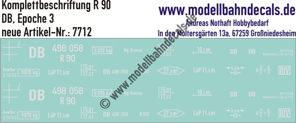 "Nass-Schiebebilder: Güterwagen-Komplettbeschriftung R 90, DB, Epoche 3. Artikel-Nummer: 7712"