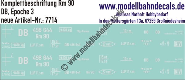 "Nass-Schiebebilder: Güterwagen-Komplettbeschriftung Rm 90, DB, Epoche 3. Artikel-Nummer: 7714"