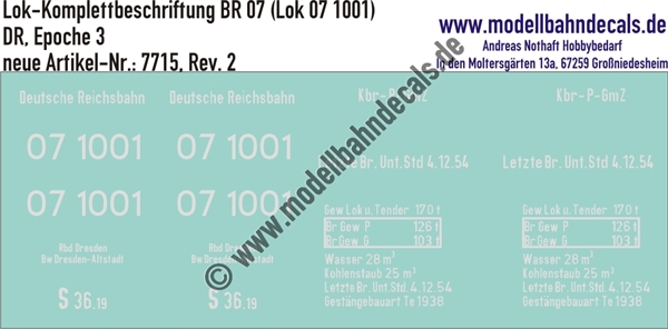 Nass-Schiebebilder: Lok-Komplettbeschriftung BR 07 (Lok 07 1001) - DR Epoche 3. Artikel-Nummer: 7715