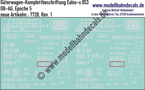 Nass-Schiebebilder: Güterwagen-Komplettbeschriftung Ealos-x 053 - DB Epoche 4. Artikel-Nummer: 7720