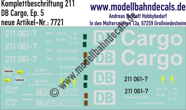 "Nass-Schiebebilder: Lok-Komplettbeschriftung 211, DB-Cargo, Epoche 5. Artikel-Nummer: 7721"