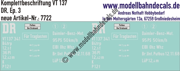 "Nass-Schiebebilder: Triebwagen-Komplettbeschriftung VT 137, DR, Epoche 3. Artikel-Nummer: 7722"