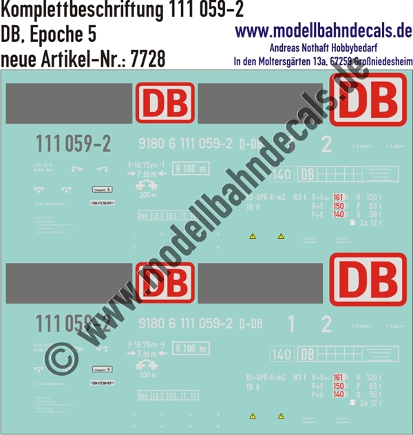 "Nass-Schiebebilder: Lok-Komplettbeschriftung 111 059-2, DB-Netz AG, Epoche 5 mit Grauem Stirnbalken. Artikel-Nummer: 7728"