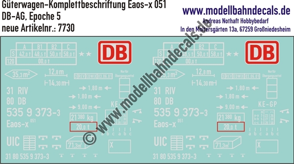 "Nass-Schiebebilder: Güterwagen-Komplettbeschriftung Eaos-x 051 - DB-AG, Epoche 5. Artikel-Nummer: 7730"